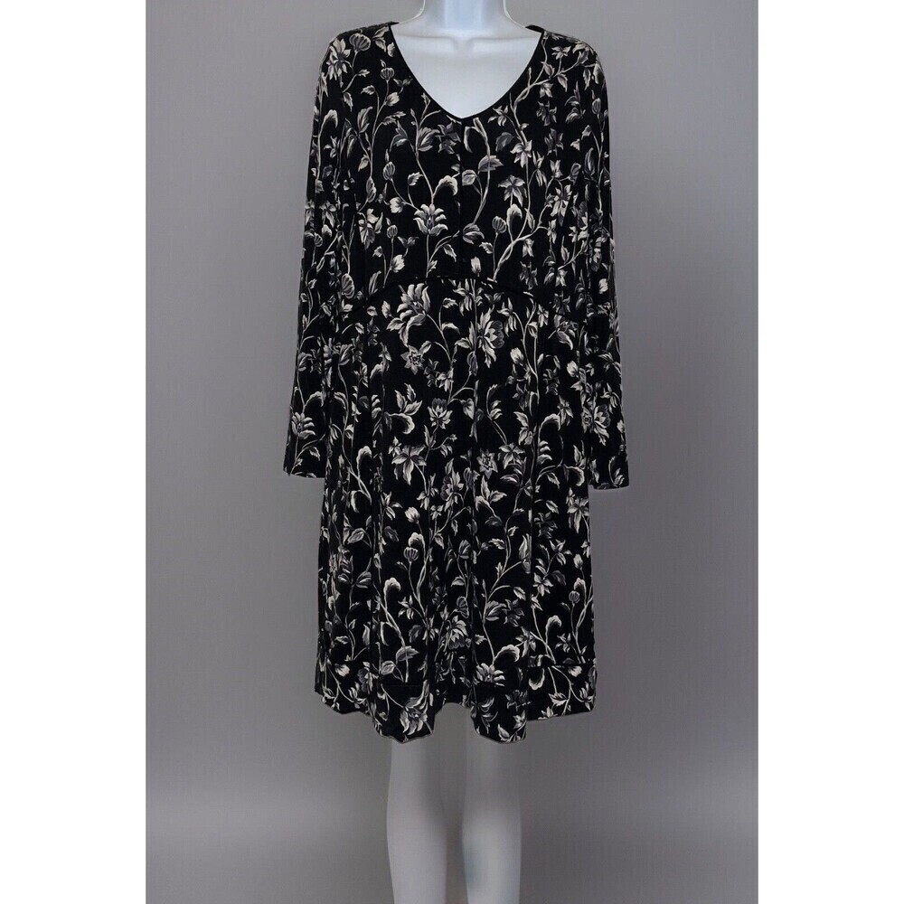 J Jill Women (M) Floral Midi Sheath Dress V Neck Black White Long Sleeve Pockets